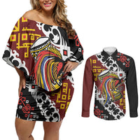 Personalised Papua New Guinea Bird Drum Couples Matching Off Shoulder Short Dress and Long Sleeve Button Shirt Papuan Batik Motif LT9 Black - Polynesian Pride