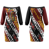 Personalised Papua New Guinea Bird Drum Couples Matching Off The Shoulder Long Sleeve Dress and Hawaiian Shirt Papuan Batik Motif LT9 - Polynesian Pride
