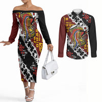 Personalised Papua New Guinea Bird Drum Couples Matching Off The Shoulder Long Sleeve Dress and Long Sleeve Button Shirt Papuan Batik Motif LT9 Black - Polynesian Pride