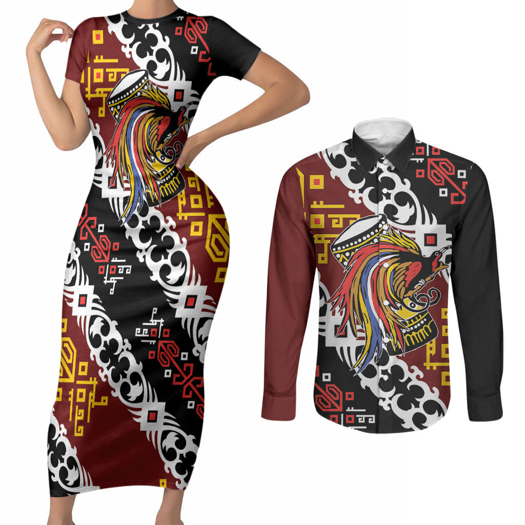 Personalised Papua New Guinea Bird Drum Couples Matching Short Sleeve Bodycon Dress and Long Sleeve Button Shirt Papuan Batik Motif LT9 Black - Polynesian Pride