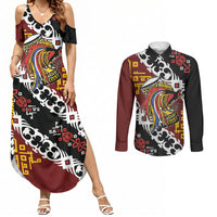 Personalised Papua New Guinea Bird Drum Couples Matching Summer Maxi Dress and Long Sleeve Button Shirt Papuan Batik Motif LT9 Black - Polynesian Pride