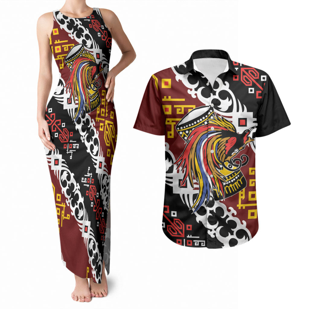 Personalised Papua New Guinea Bird Drum Couples Matching Tank Maxi Dress and Hawaiian Shirt Papuan Batik Motif LT9 Black - Polynesian Pride