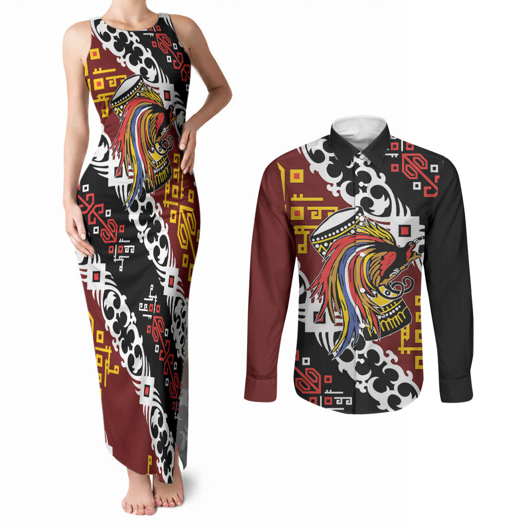Personalised Papua New Guinea Bird Drum Couples Matching Tank Maxi Dress and Long Sleeve Button Shirt Papuan Batik Motif LT9 Black - Polynesian Pride