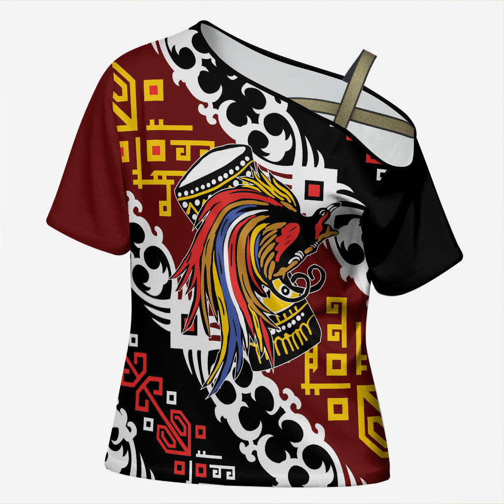 Personalised Papua New Guinea Bird Drum Cross Shoulder Shirt Papuan Batik Motif LT9 Female Black - Polynesian Pride