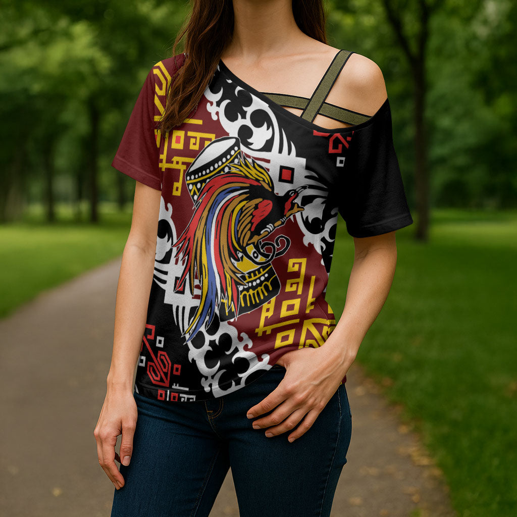 Personalised Papua New Guinea Bird Drum Cross Shoulder Shirt Papuan Batik Motif LT9 - Polynesian Pride