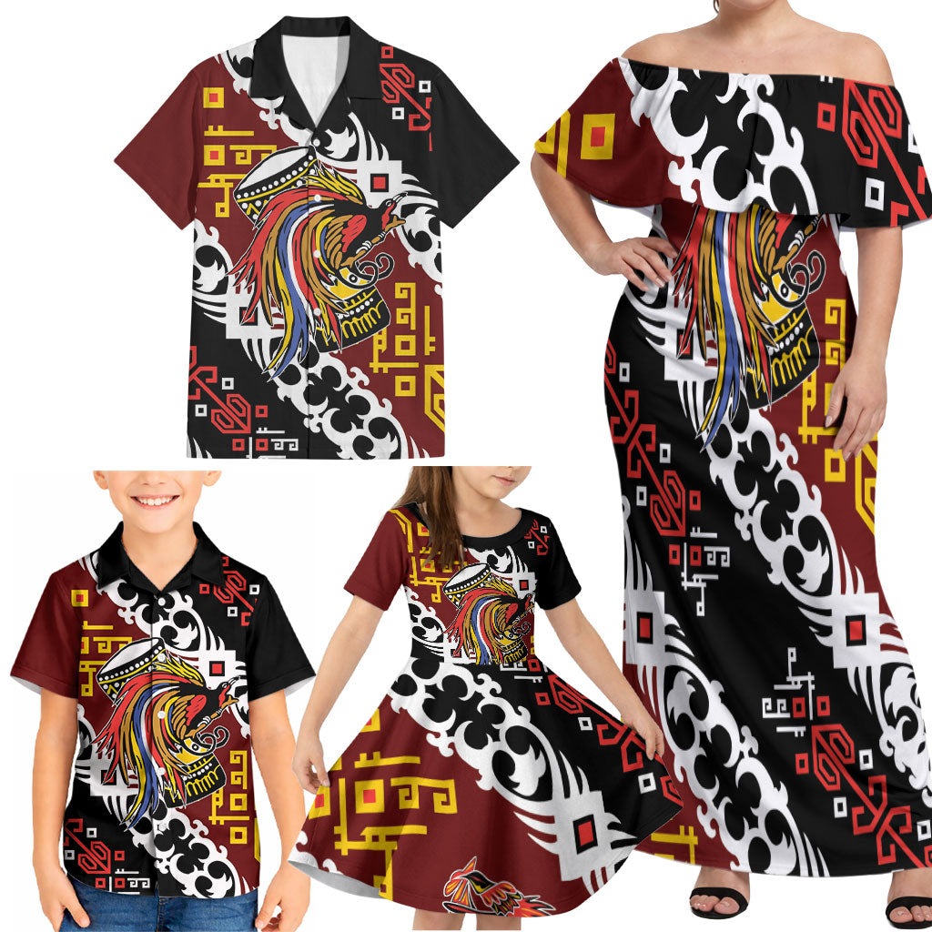 Personalised Papua New Guinea Bird Drum Family Matching Off Shoulder Maxi Dress and Hawaiian Shirt Papuan Batik Motif LT9 - Polynesian Pride