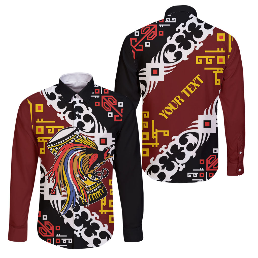 Personalised Papua New Guinea Bird Drum Family Matching Off Shoulder Short Dress and Hawaiian Shirt Papuan Batik Motif LT9 Dad's Shirt - Long Sleeve Black - Polynesian Pride
