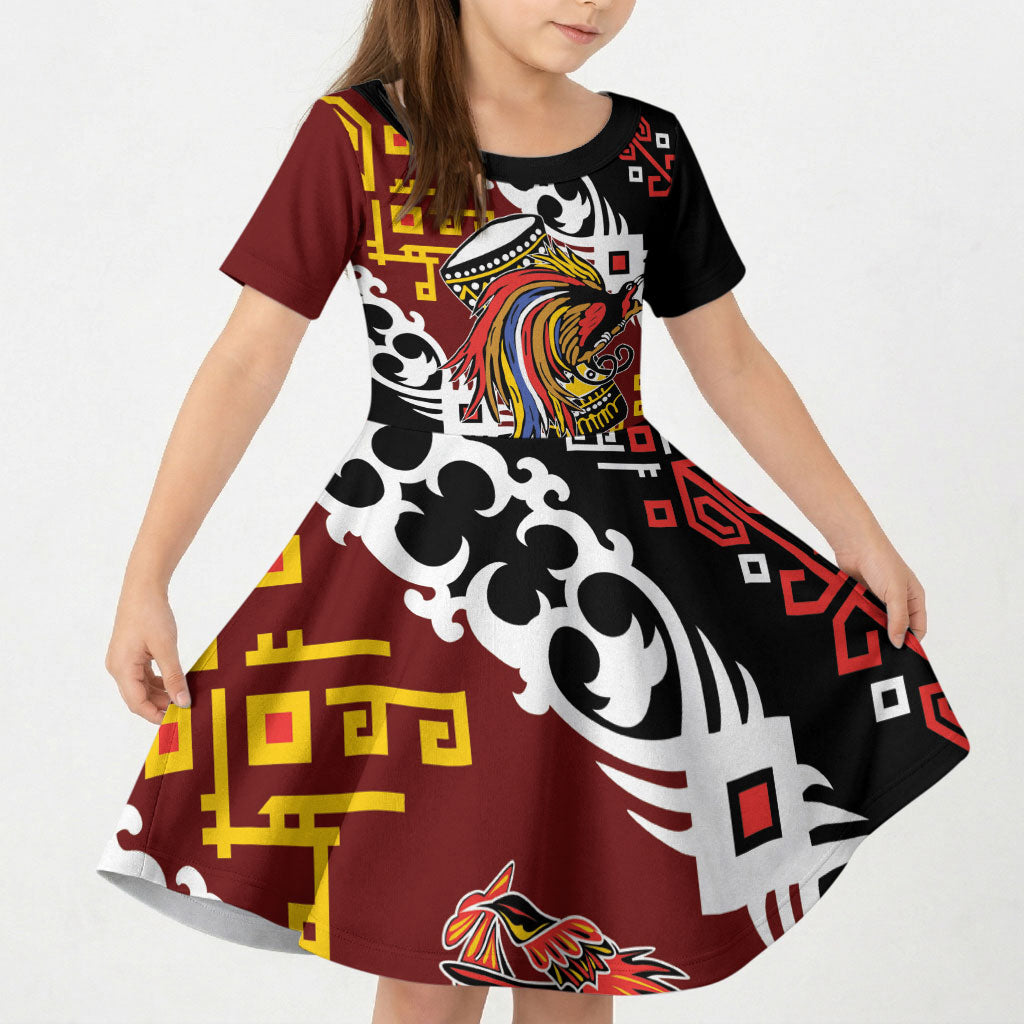 Personalised Papua New Guinea Bird Drum Kid Short Sleeve Dress Papuan Batik Motif LT9 KID Black - Polynesian Pride