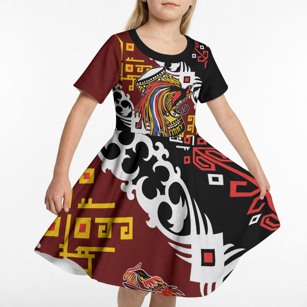 Personalised Papua New Guinea Bird Drum Kid Short Sleeve Dress Papuan Batik Motif LT9 - Polynesian Pride