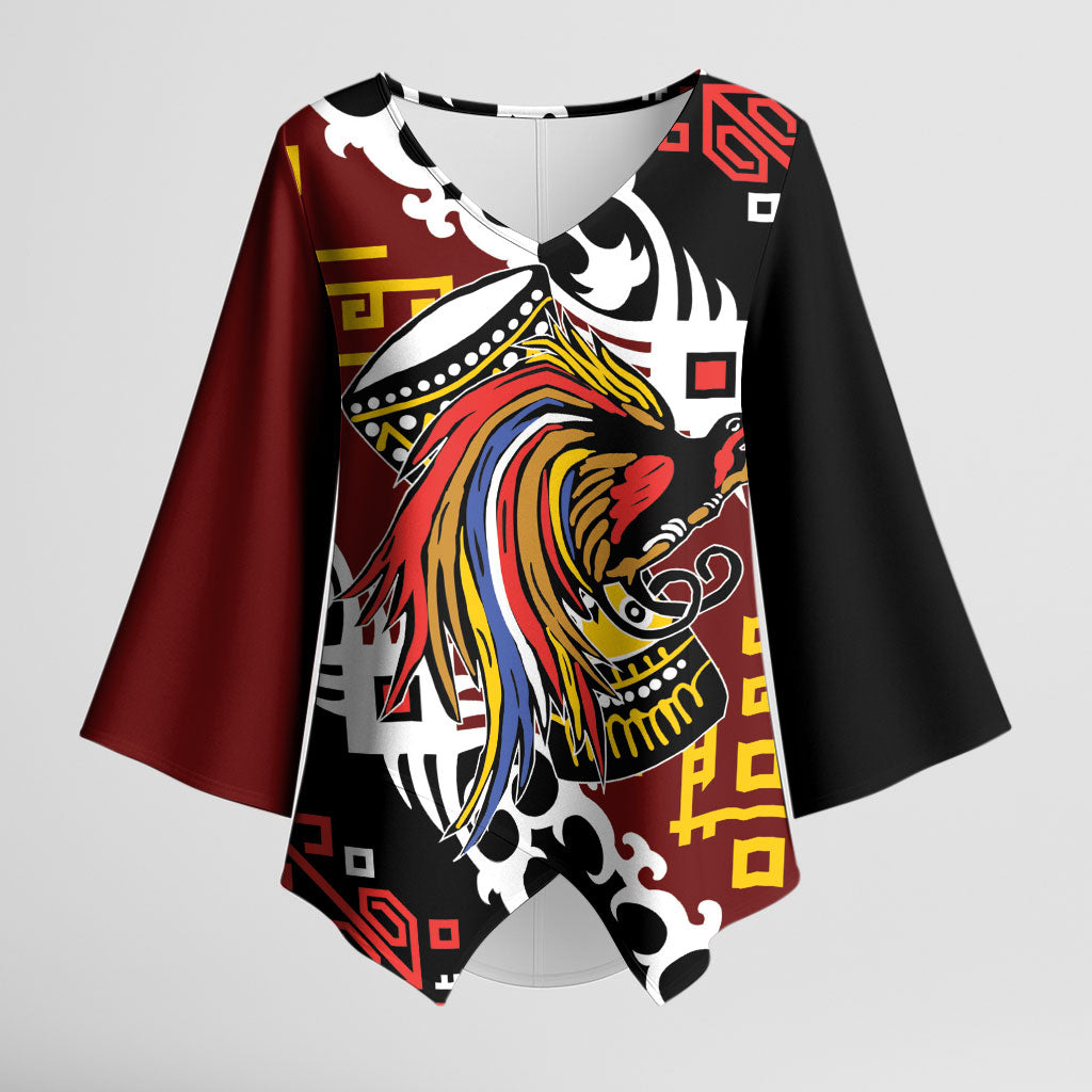 Personalised Papua New Guinea Bird Drum Kimono Sleeve Blouse Papuan Batik Motif LT9 Female Black - Polynesian Pride