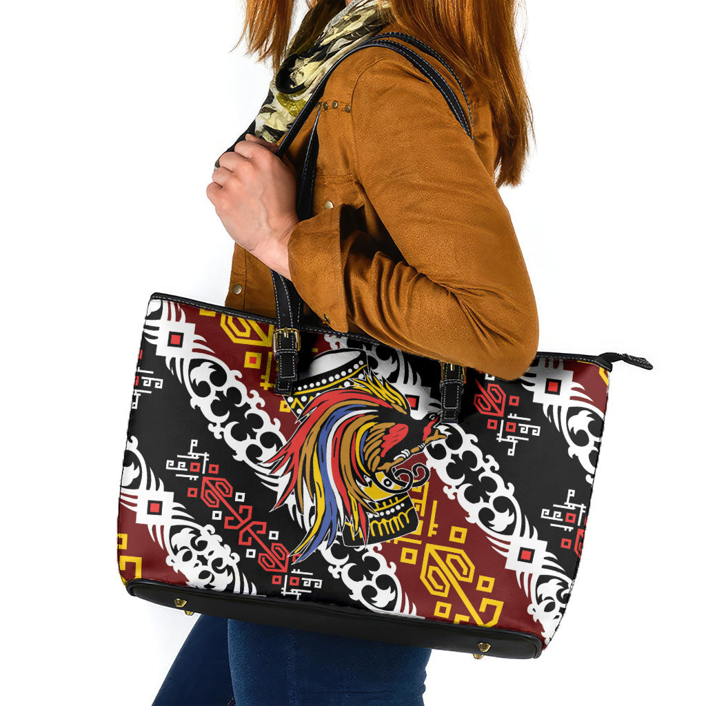 Papua New Guinea Bird Drum Leather Tote Bag Papuan Batik Motif LT9 Black - Polynesian Pride