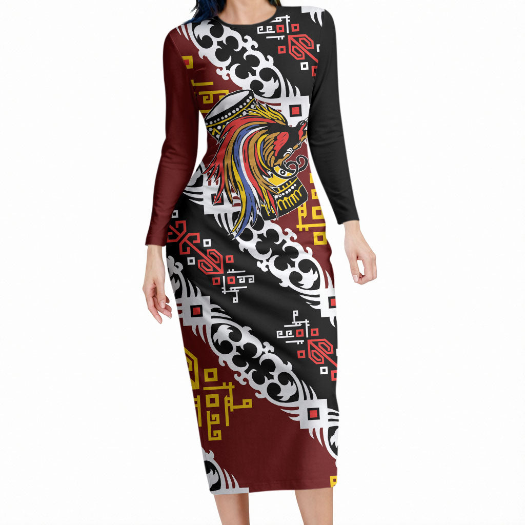 Personalised Papua New Guinea Bird Drum Long Sleeve Bodycon Dress Papuan Batik Motif LT9 Long Dress Black - Polynesian Pride