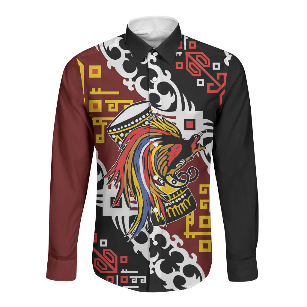 Personalised Papua New Guinea Bird Drum Long Sleeve Button Shirt Papuan Batik Motif LT9 Unisex Black - Polynesian Pride