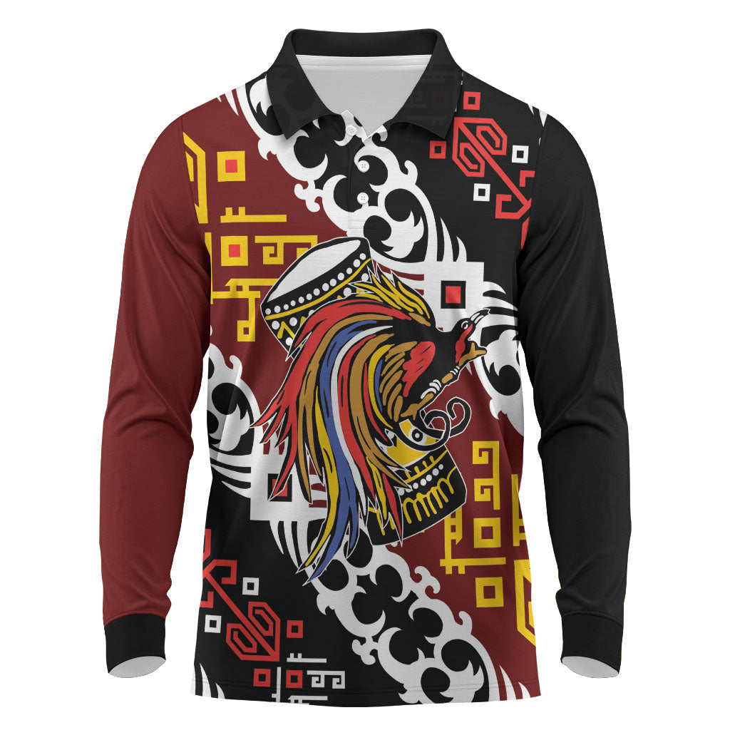Personalised Papua New Guinea Bird Drum Long Sleeve Polo Shirt Papuan Batik Motif LT9 Black - Polynesian Pride