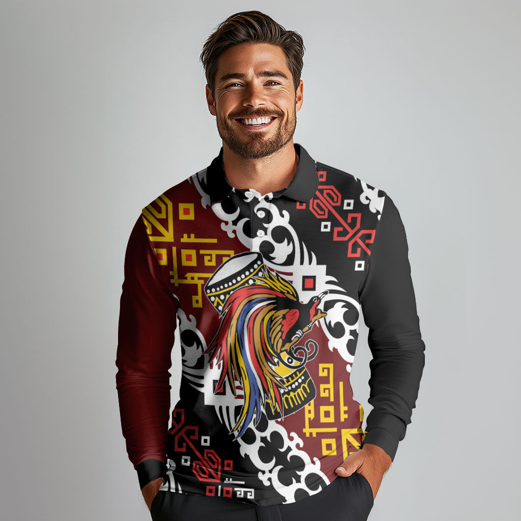 Personalised Papua New Guinea Bird Drum Long Sleeve Polo Shirt Papuan Batik Motif LT9 - Polynesian Pride