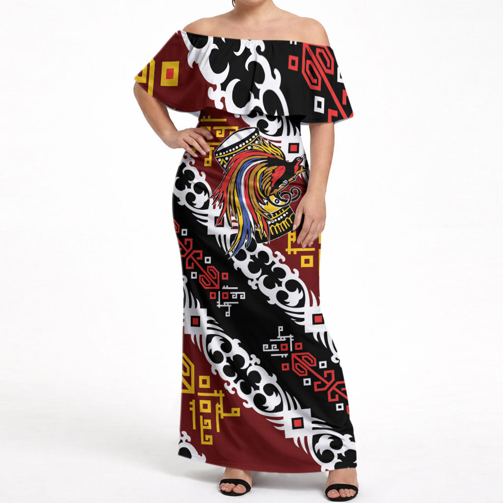 Personalised Papua New Guinea Bird Drum Off Shoulder Maxi Dress Papuan Batik Motif LT9 Women Black - Polynesian Pride