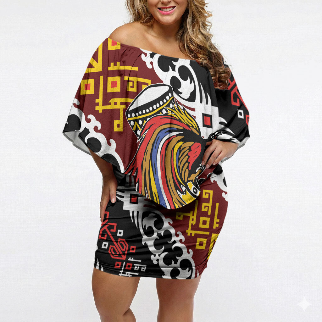 Personalised Papua New Guinea Bird Drum Off Shoulder Short Dress Papuan Batik Motif LT9 Women Black - Polynesian Pride