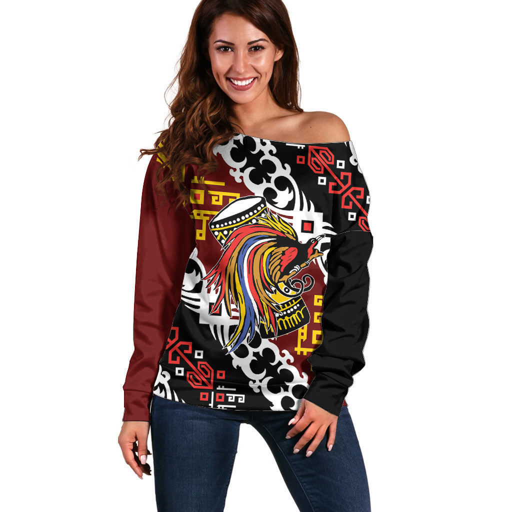 Personalised Papua New Guinea Bird Drum Off Shoulder Sweater Papuan Batik Motif LT9 Women Black - Polynesian Pride