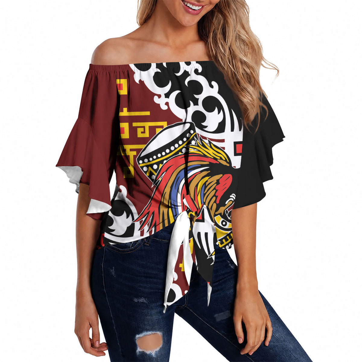Personalised Papua New Guinea Bird Drum Off Shoulder Wrap Waist Top Papuan Batik Motif LT9 - Polynesian Pride