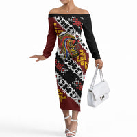 Personalised Papua New Guinea Bird Drum Off The Shoulder Long Sleeve Dress Papuan Batik Motif LT9 Women Black - Polynesian Pride