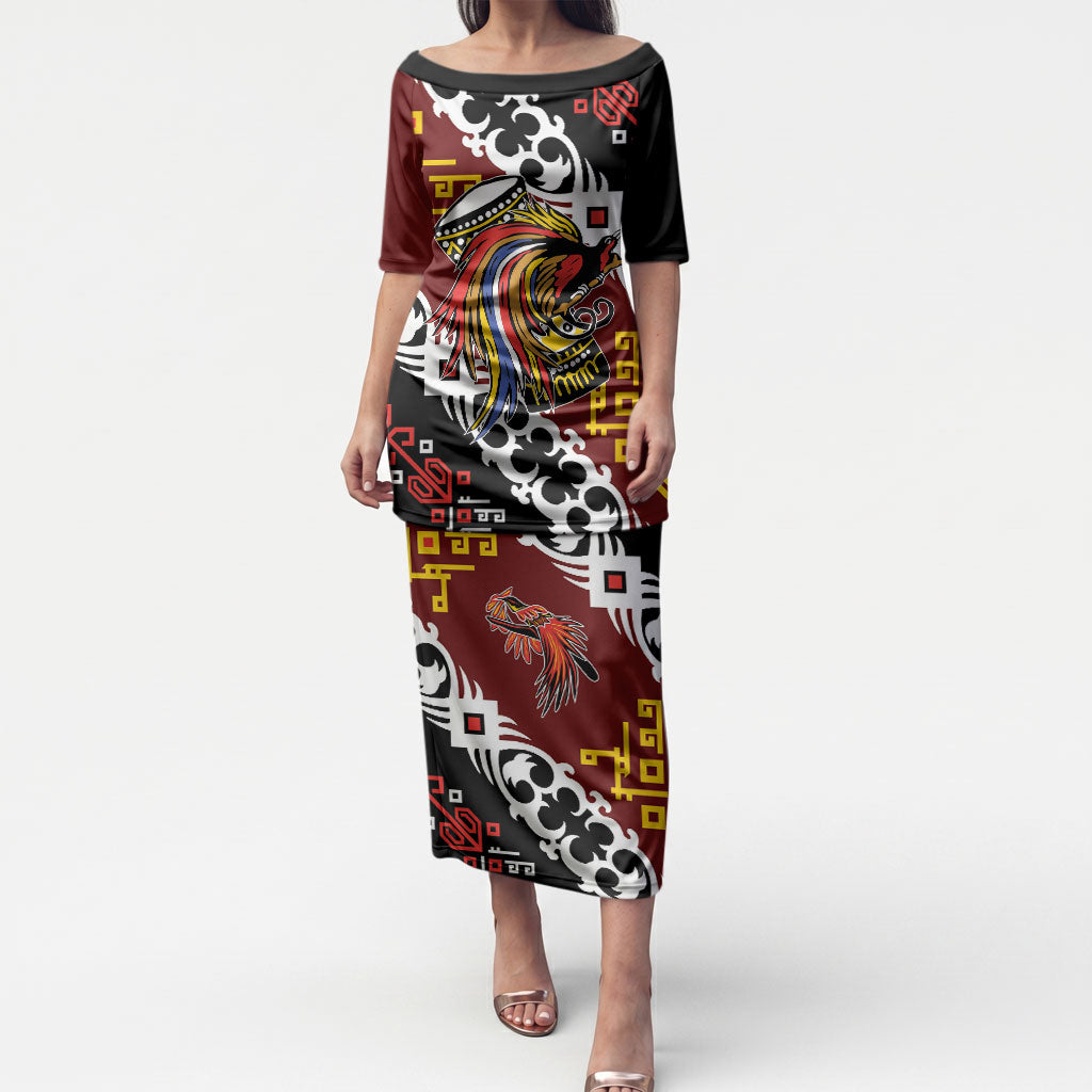 Personalised Papua New Guinea Bird Drum Puletasi Papuan Batik Motif LT9 Long Dress Black - Polynesian Pride