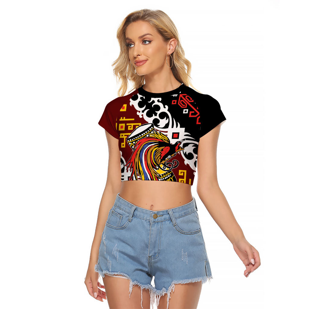 Personalised Papua New Guinea Bird Drum Raglan Cropped T Shirt Papuan Batik Motif LT9 Female Black - Polynesian Pride