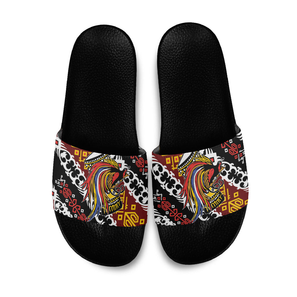 Papua New Guinea Bird Drum Slide Sandals Papuan Batik Motif LT9 Black - Polynesian Pride