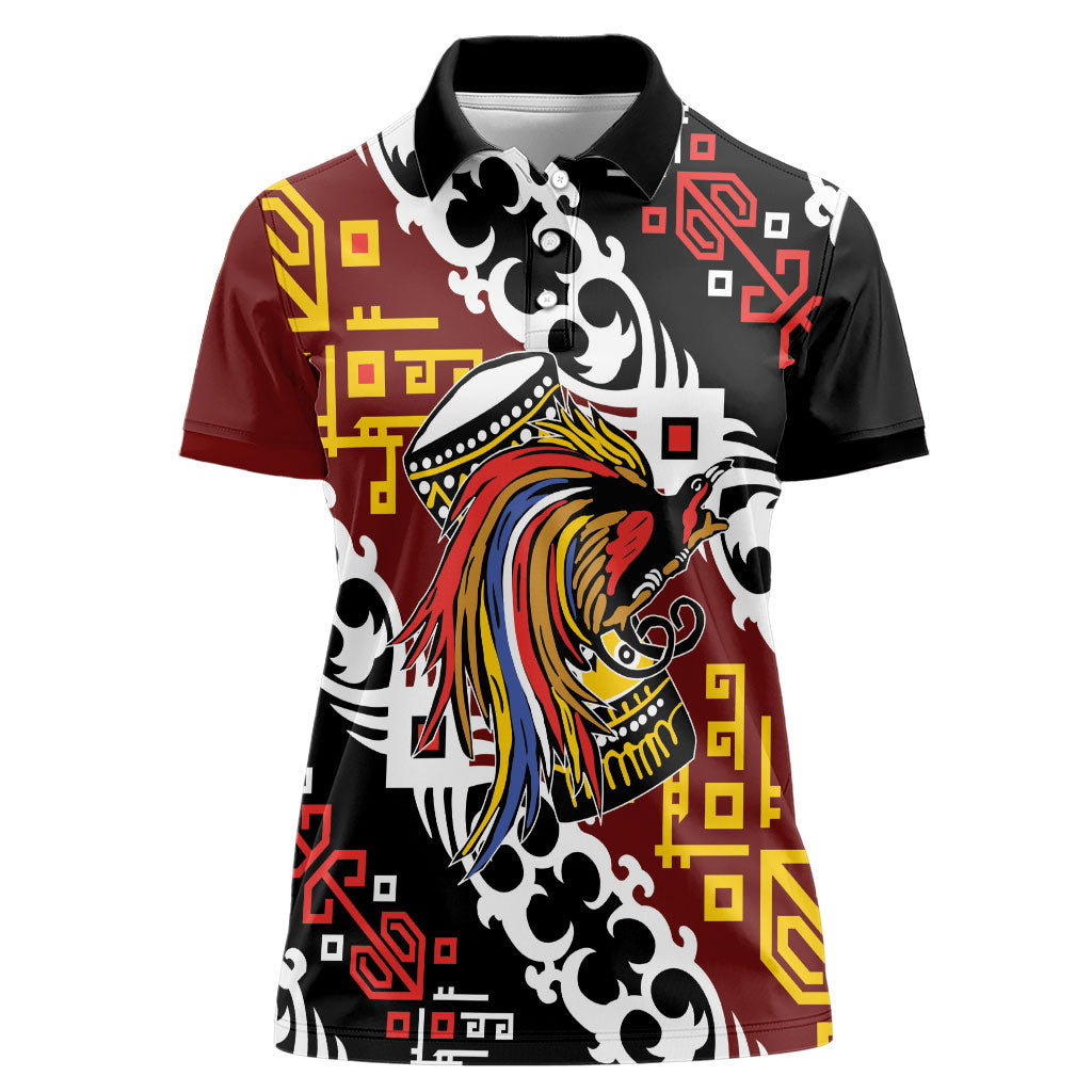 Personalised Papua New Guinea Bird Drum Women Polo Shirt Papuan Batik Motif LT9 Female Black - Polynesian Pride