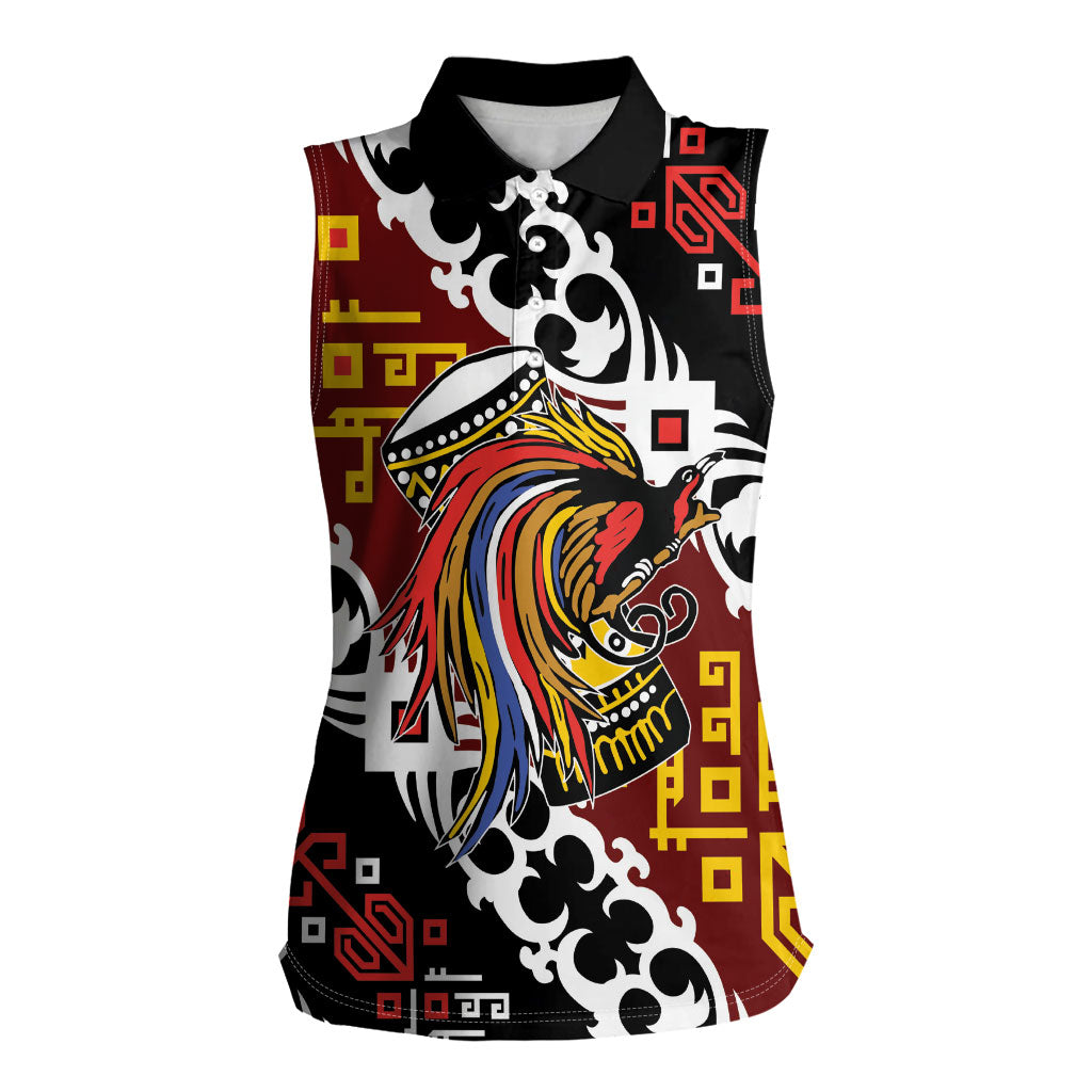 Personalised Papua New Guinea Bird Drum Women Sleeveless Polo Shirt Papuan Batik Motif LT9 Female Black - Polynesian Pride
