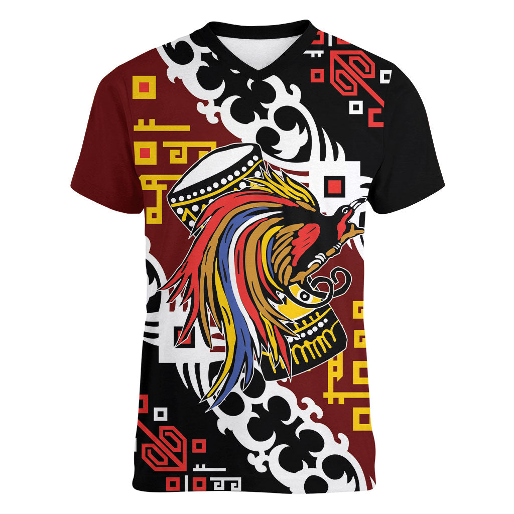 Personalised Papua New Guinea Bird Drum Women V-Neck T-Shirt Papuan Batik Motif LT9 Female Black - Polynesian Pride
