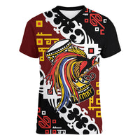 Personalised Papua New Guinea Bird Drum Women V-Neck T-Shirt Papuan Batik Motif LT9 Female Black - Polynesian Pride
