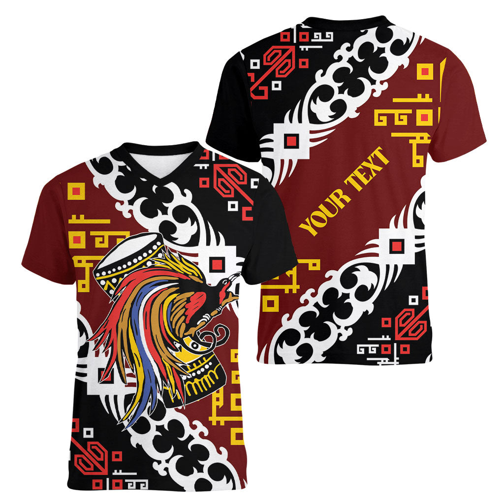 Personalised Papua New Guinea Bird Drum Women V-Neck T-Shirt Papuan Batik Motif LT9 - Polynesian Pride