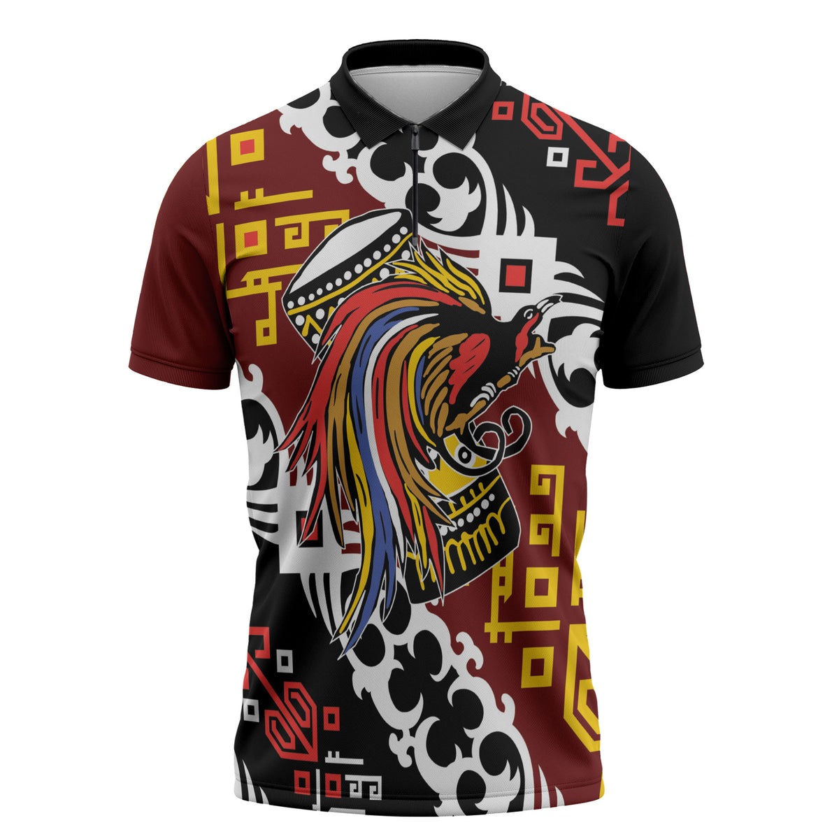 Personalised Papua New Guinea Bird Drum Zipper Polo Shirt Papuan Batik Motif LT9 Black - Polynesian Pride