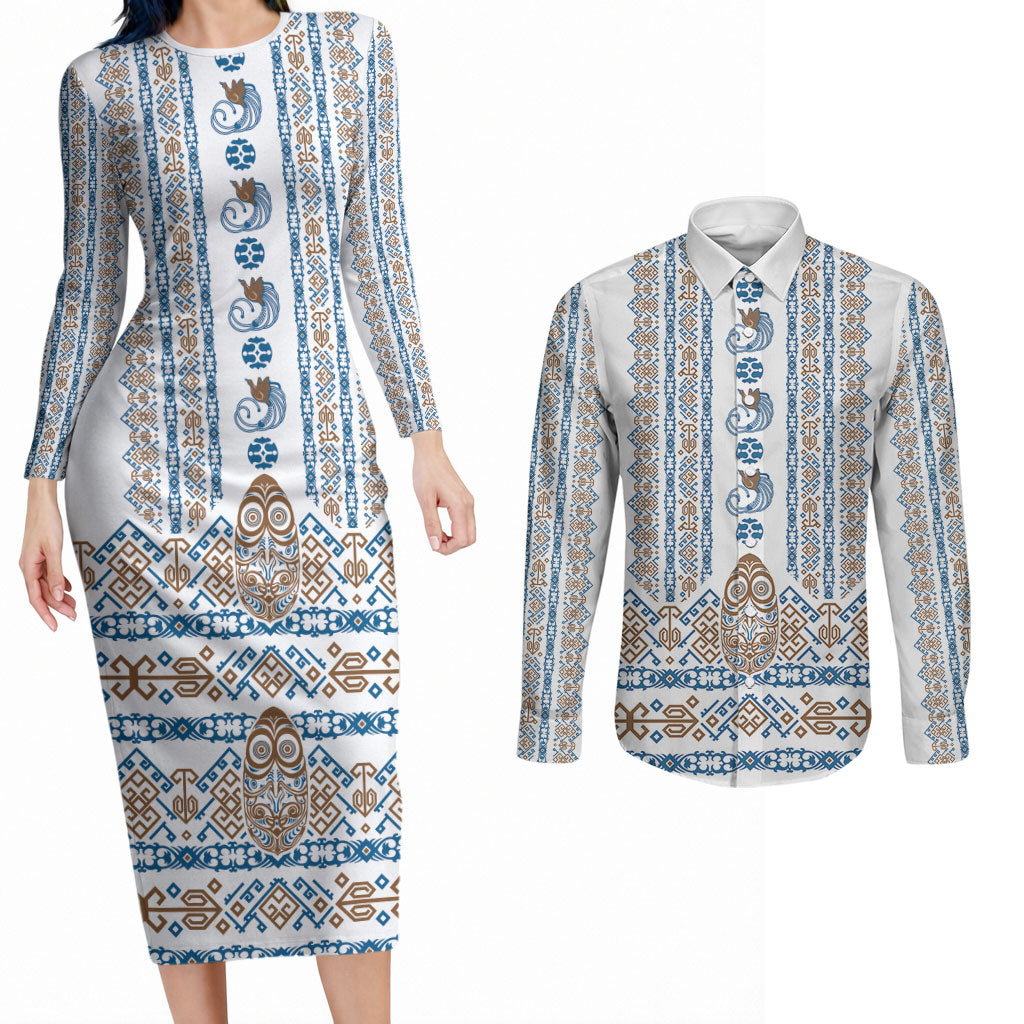 Personalised Papua New Guinea Bird Ethnic Couples Matching Long Sleeve Bodycon Dress and Long Sleeve Button Shirt Papuan Batik Inspired Pattern LT9 White - Polynesian Pride