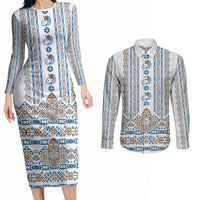 Personalised Papua New Guinea Bird Ethnic Couples Matching Long Sleeve Bodycon Dress and Long Sleeve Button Shirt Papuan Batik Inspired Pattern LT9 White - Polynesian Pride