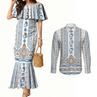 Personalised Papua New Guinea Bird Ethnic Couples Matching Mermaid Dress and Long Sleeve Button Shirt Papuan Batik Inspired Pattern LT9 White - Polynesian Pride