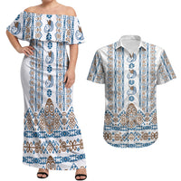 Personalised Papua New Guinea Bird Ethnic Couples Matching Off Shoulder Maxi Dress and Hawaiian Shirt Papuan Batik Inspired Pattern LT9 White - Polynesian Pride