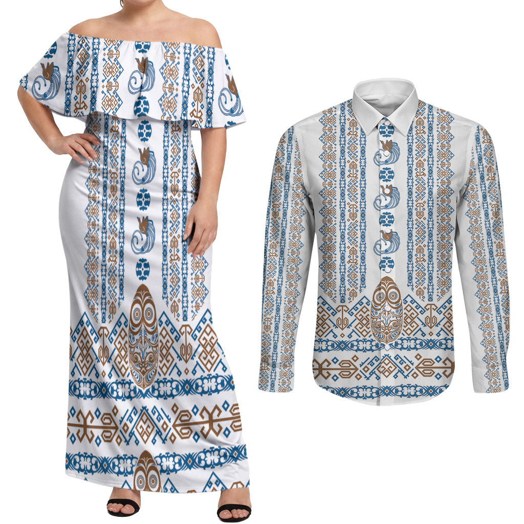 Personalised Papua New Guinea Bird Ethnic Couples Matching Off Shoulder Maxi Dress and Long Sleeve Button Shirt Papuan Batik Inspired Pattern LT9 White - Polynesian Pride