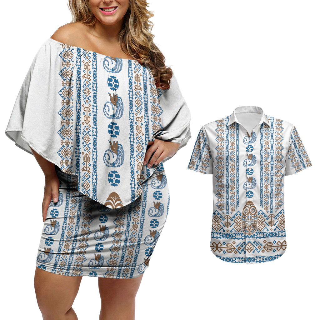 Personalised Papua New Guinea Bird Ethnic Couples Matching Off Shoulder Short Dress and Hawaiian Shirt Papuan Batik Inspired Pattern LT9 White - Polynesian Pride