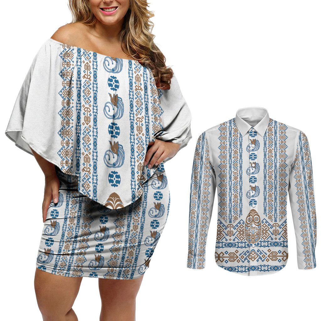 Personalised Papua New Guinea Bird Ethnic Couples Matching Off Shoulder Short Dress and Long Sleeve Button Shirt Papuan Batik Inspired Pattern LT9 White - Polynesian Pride