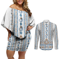 Personalised Papua New Guinea Bird Ethnic Couples Matching Off Shoulder Short Dress and Long Sleeve Button Shirt Papuan Batik Inspired Pattern LT9 White - Polynesian Pride
