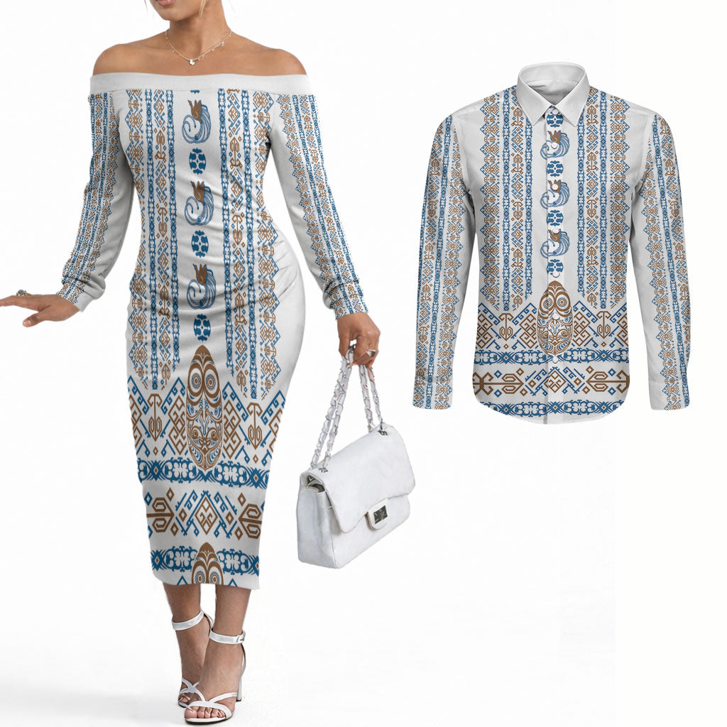 Personalised Papua New Guinea Bird Ethnic Couples Matching Off The Shoulder Long Sleeve Dress and Long Sleeve Button Shirt Papuan Batik Inspired Pattern LT9 White - Polynesian Pride