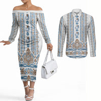 Personalised Papua New Guinea Bird Ethnic Couples Matching Off The Shoulder Long Sleeve Dress and Long Sleeve Button Shirt Papuan Batik Inspired Pattern LT9 White - Polynesian Pride