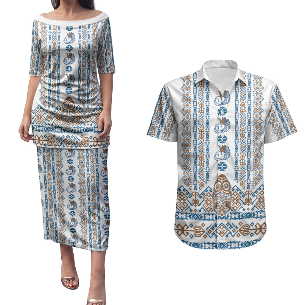 Personalised Papua New Guinea Bird Ethnic Couples Matching Puletasi and Hawaiian Shirt Papuan Batik Inspired Pattern LT9 White - Polynesian Pride