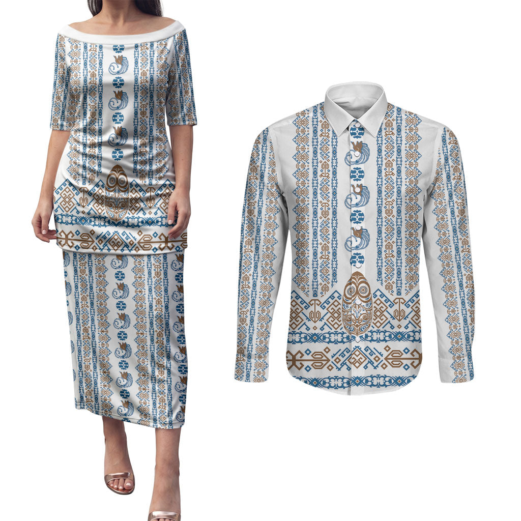 Personalised Papua New Guinea Bird Ethnic Couples Matching Puletasi and Long Sleeve Button Shirt Papuan Batik Inspired Pattern LT9 White - Polynesian Pride