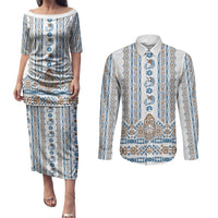 Personalised Papua New Guinea Bird Ethnic Couples Matching Puletasi and Long Sleeve Button Shirt Papuan Batik Inspired Pattern LT9 White - Polynesian Pride