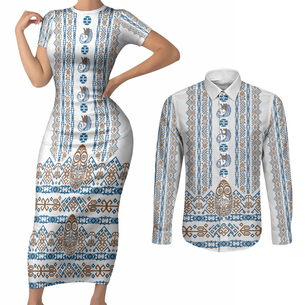 Personalised Papua New Guinea Bird Ethnic Couples Matching Short Sleeve Bodycon Dress and Long Sleeve Button Shirt Papuan Batik Inspired Pattern LT9 White - Polynesian Pride
