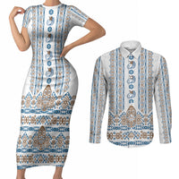 Personalised Papua New Guinea Bird Ethnic Couples Matching Short Sleeve Bodycon Dress and Long Sleeve Button Shirt Papuan Batik Inspired Pattern LT9 White - Polynesian Pride