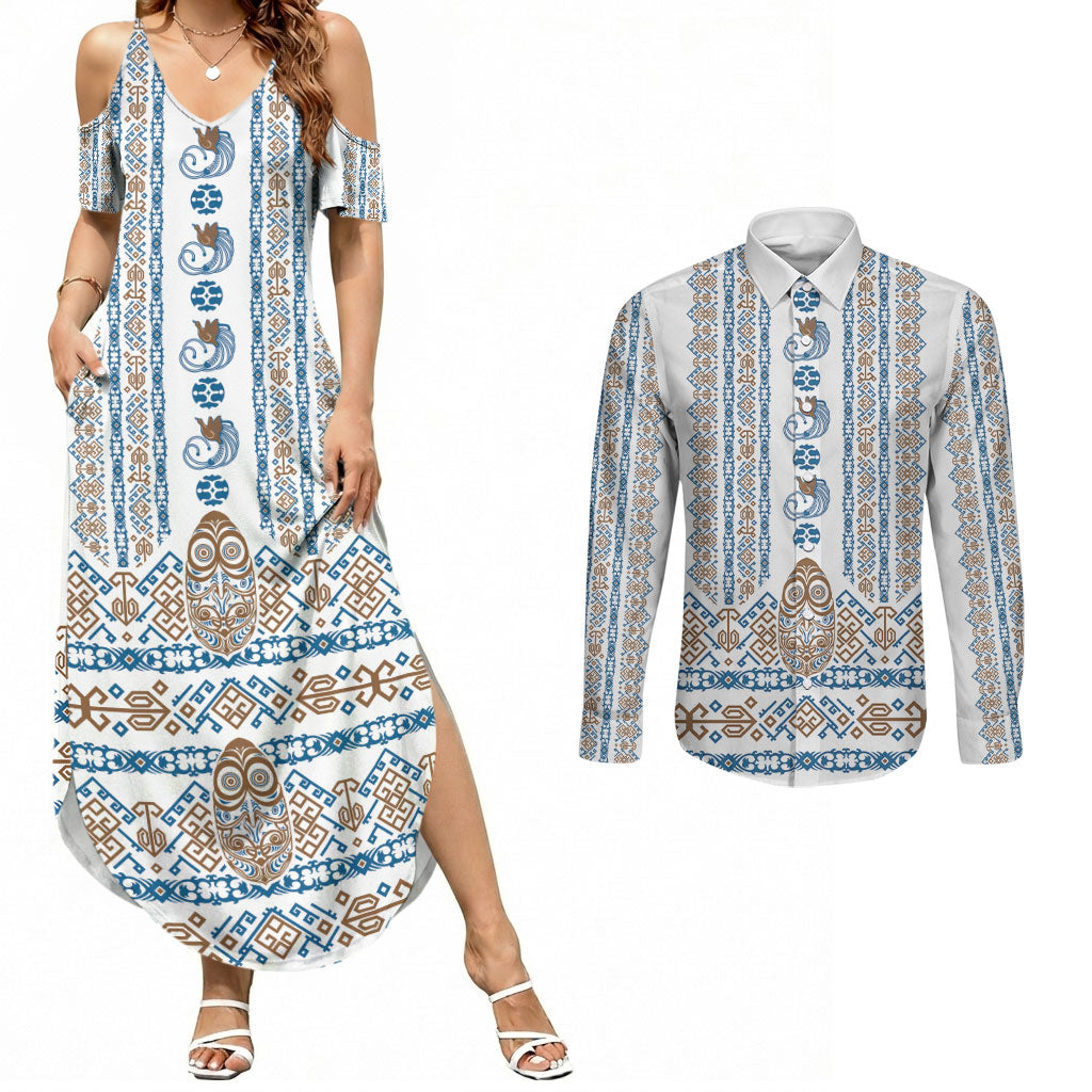 Personalised Papua New Guinea Bird Ethnic Couples Matching Summer Maxi Dress and Long Sleeve Button Shirt Papuan Batik Inspired Pattern LT9 White - Polynesian Pride
