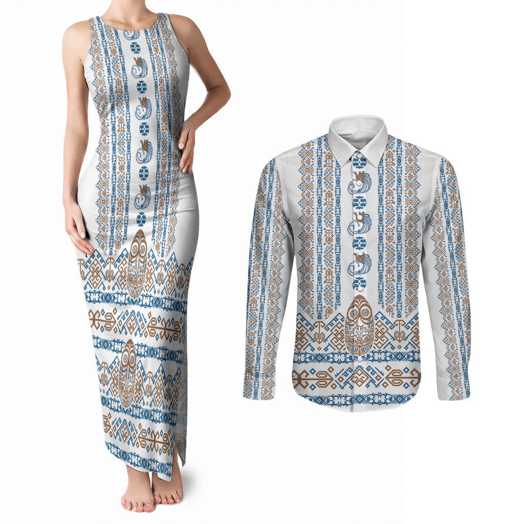 Personalised Papua New Guinea Bird Ethnic Couples Matching Tank Maxi Dress and Long Sleeve Button Shirt Papuan Batik Inspired Pattern LT9 White - Polynesian Pride
